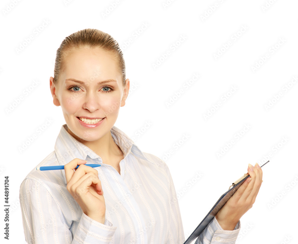 Young business woman with folder,isolated on white background Young business woman with folder,isolated on white background