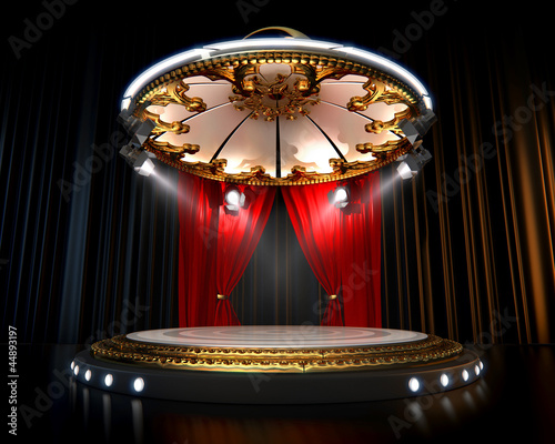 Empty modern stage with spotlights with gold elements