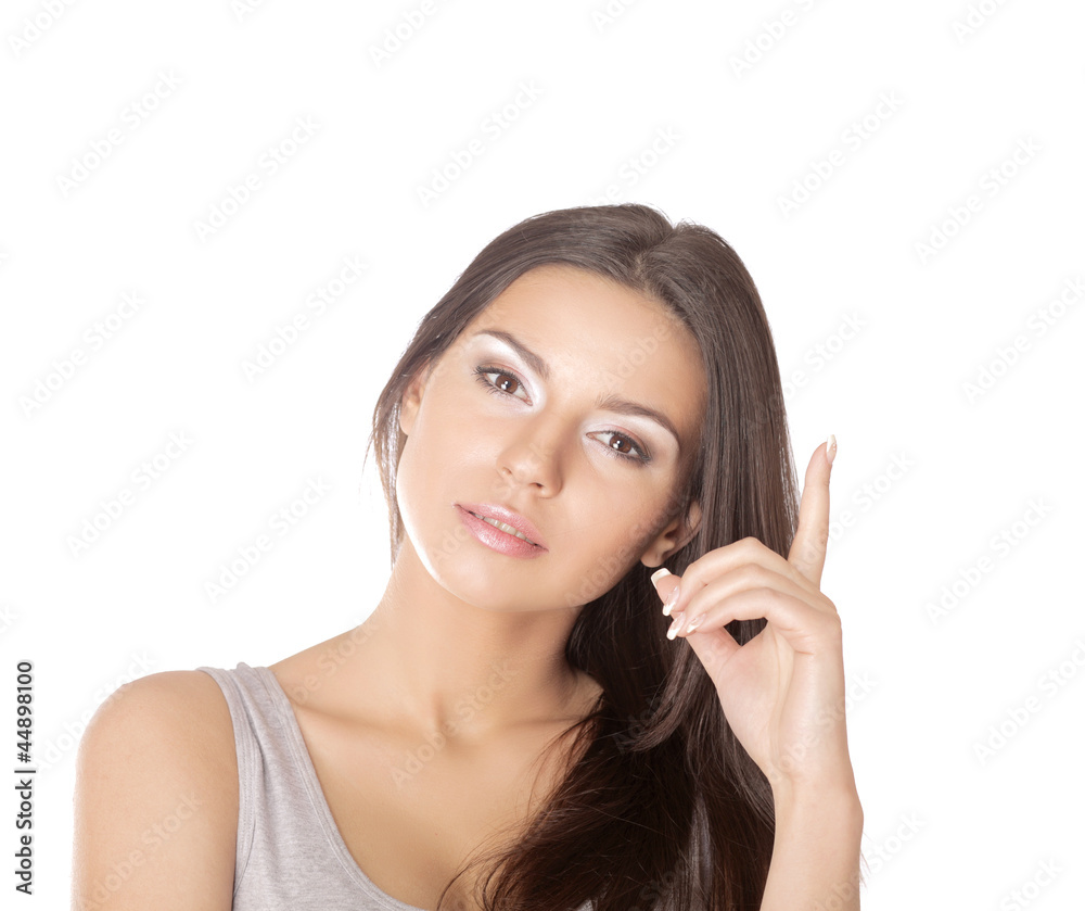 Young woman points a hand, isolated on white background Young woman points a hand, isolated on white background