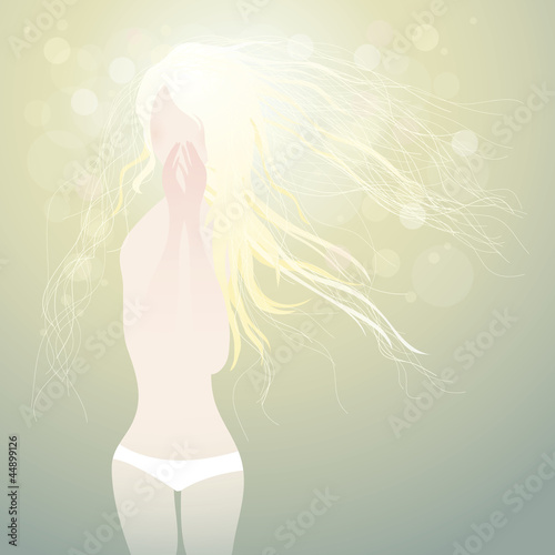 Blonde woman in white panties / Gentle glitter background