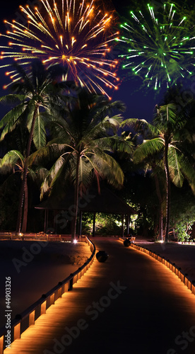 fireworks over the tropical island..