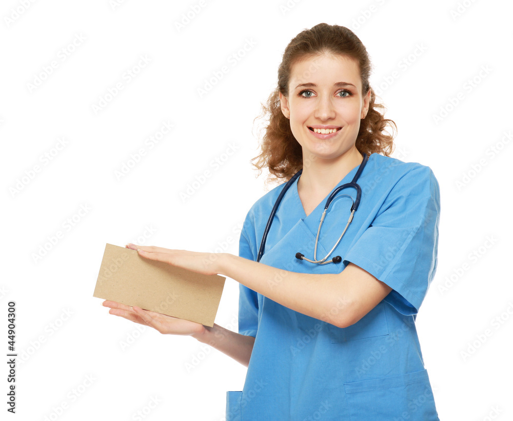 A female doctor holding a blank, isolated on white background A female doctor holding a blank, isolated on white background