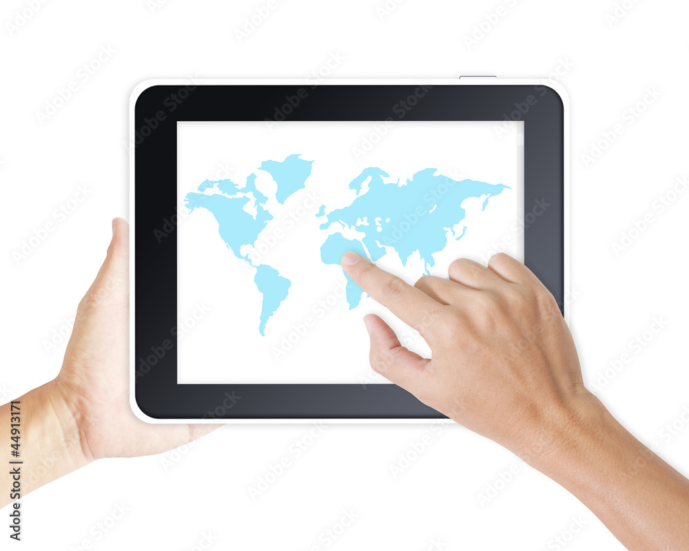 Man hand touching screen on modern digital tablet pc Man hand touching screen on modern digital tablet pc