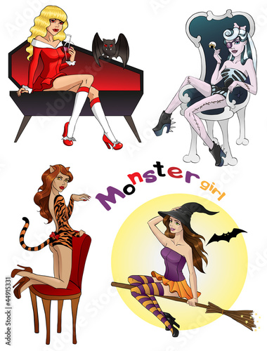 Halloween Monster girls group on isolated background photo