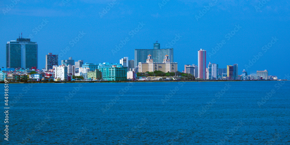 Skyline of modern Havana and Caribbean sea, Cuba