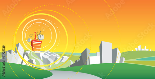 Television radio tower broadcasting in a city. Information transfer concept