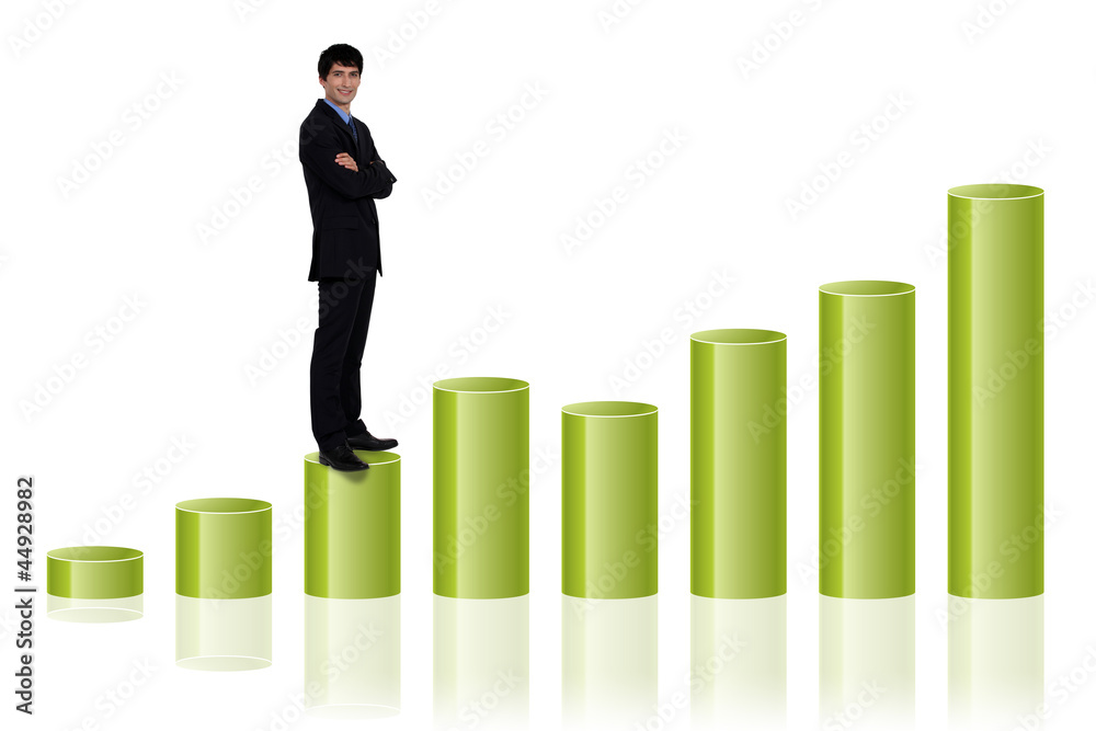 Man standing on a bar chart Man standing on a bar chart