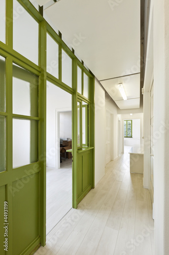 interior, office, long corridor with glass door