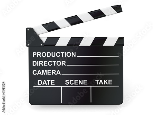 Movie industry. Clapperboard on white background.