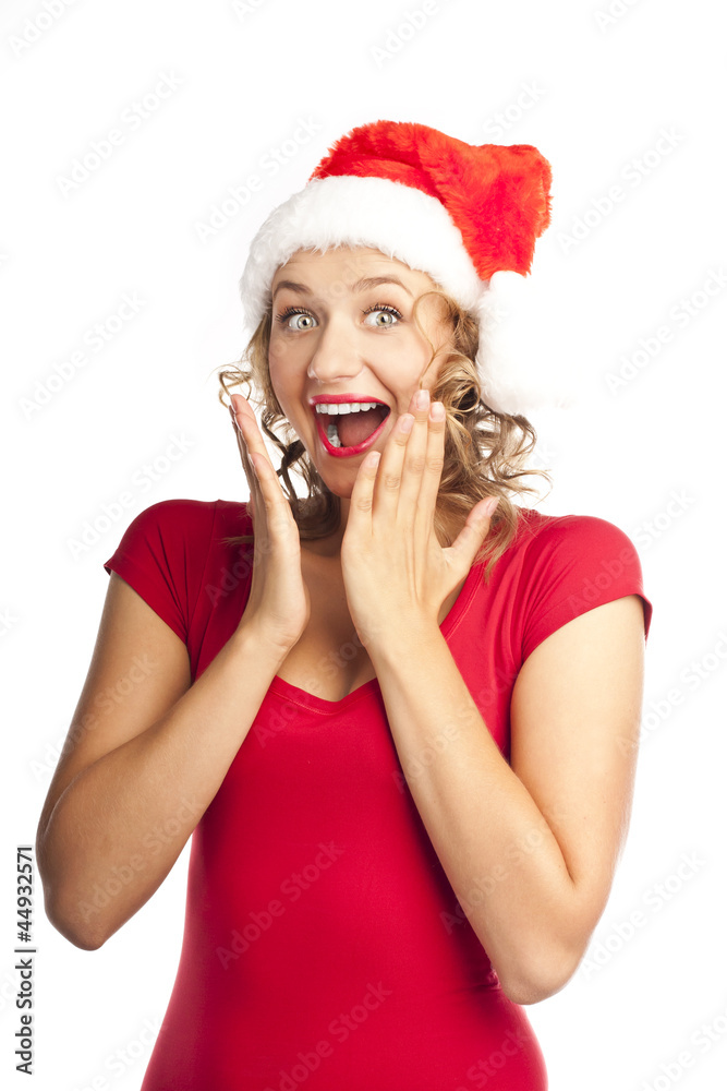Christmas woman in santa hat. studio shot over white background Christmas woman in santa hat. studio shot over white background