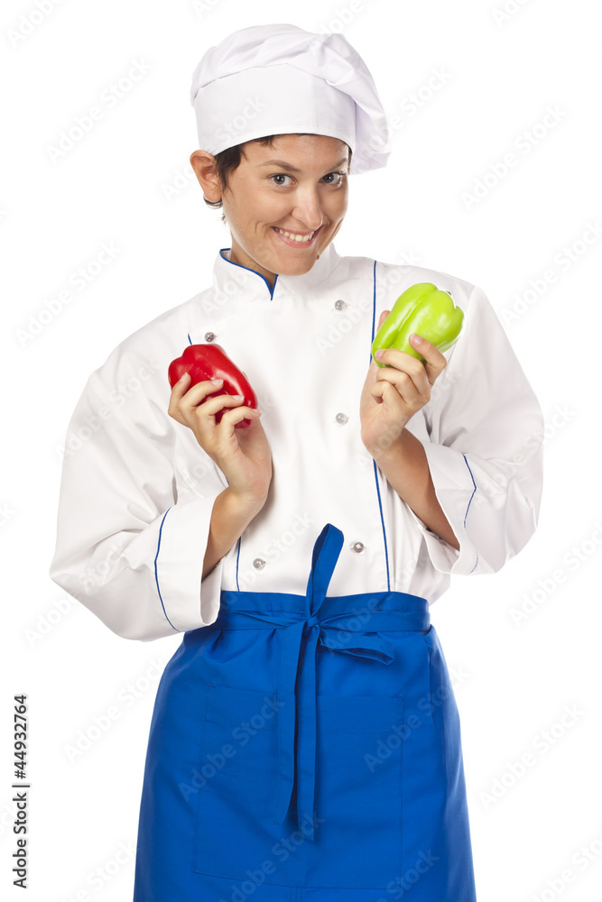 Positive chef with peppers in hand. Studio white background Positive chef with peppers in hand. Studio white background