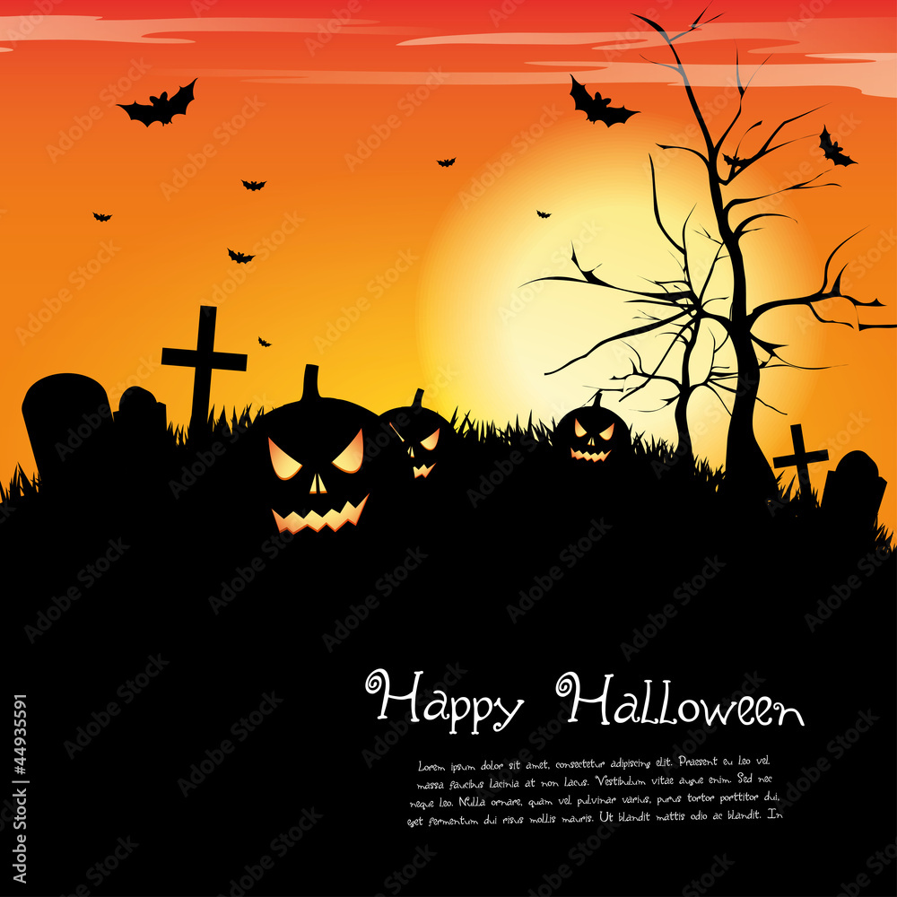 Halloween night with pumpkins - background with place for text