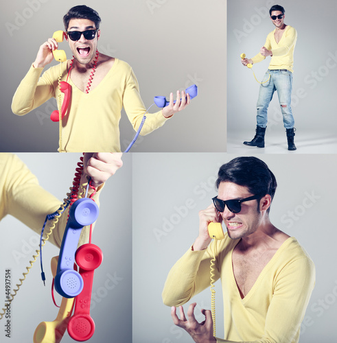 funny call center guy with hipster glasses and colouful phones photo