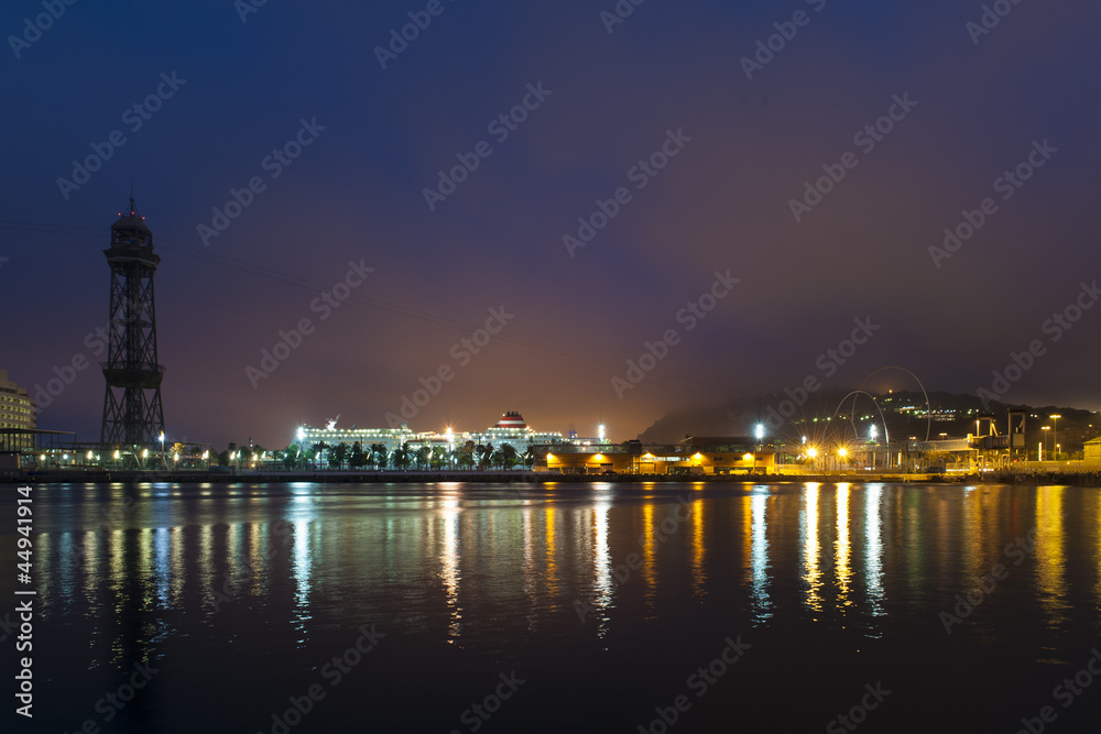 Cityscape at night with reflected lights