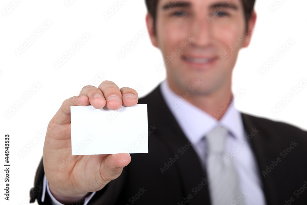 Man showing blank business card Man showing blank business card