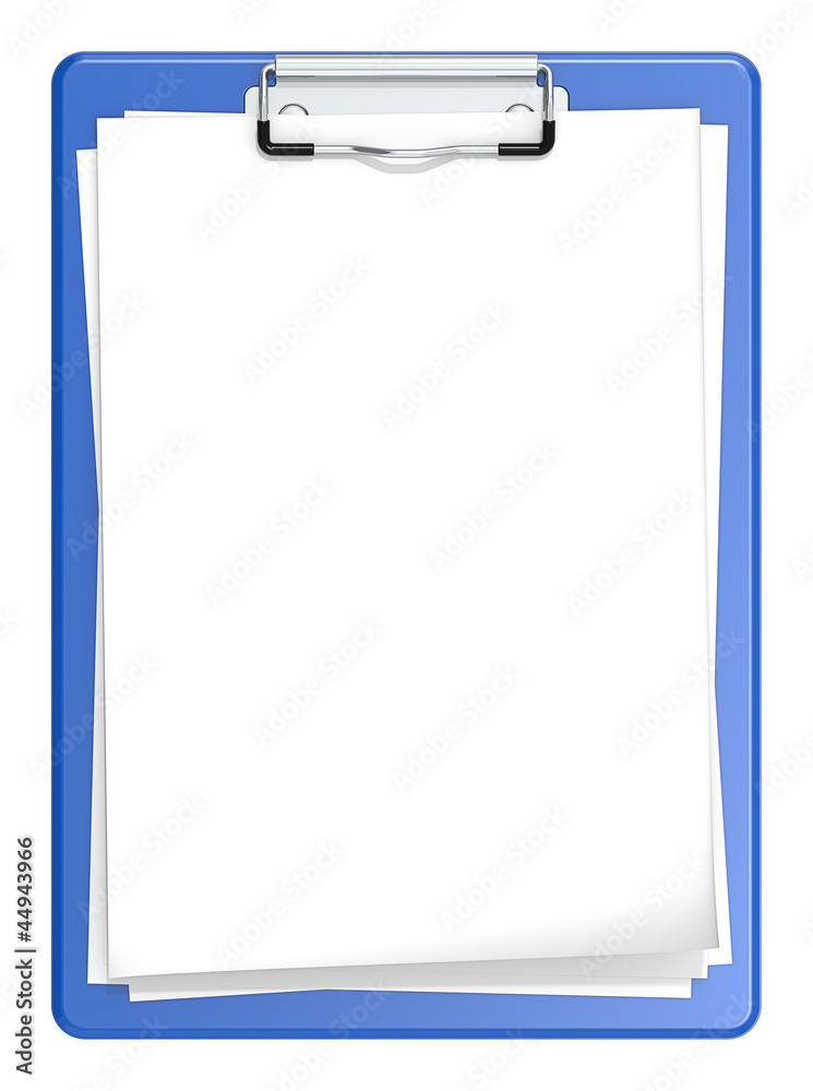 Clipboard with blank paper for Copy space.Blue and isolated. Clipboard with blank paper for Copy space.Blue and isolated.