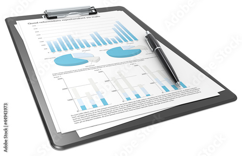 Financial. Clipboard with Papers and Pen. Graphs and Pie charts.