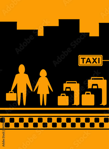 man and woman with bag waiting cab in taxi stop