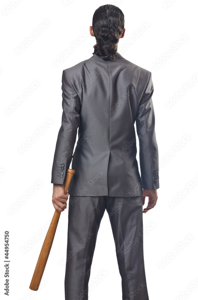 Angry businessman with bat on white Angry businessman with bat on white