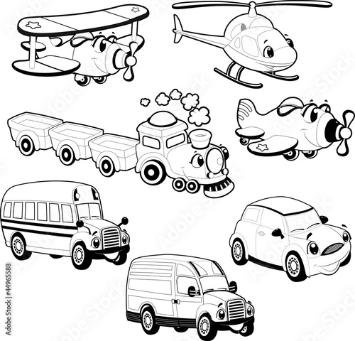 Funny vehicles in outline. Cartoon and vector isolated objects
