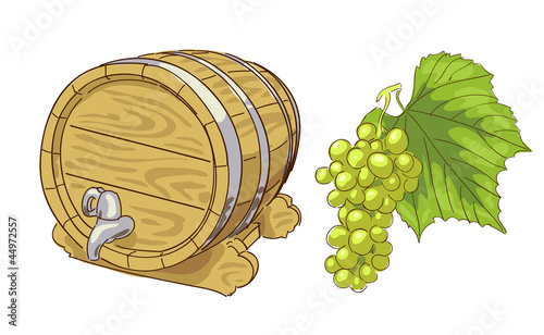 Old wooden barrel and grapes cluster.