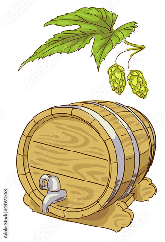 Old wooden barrel and hop branch.