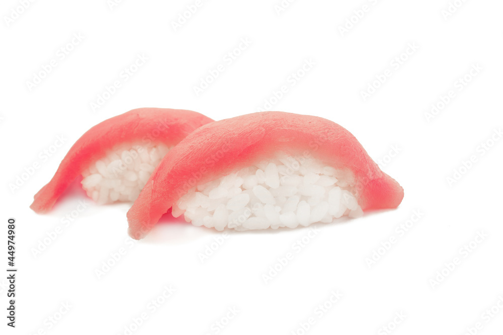 closeup of delicious japanese salmon sushi isolated on white closeup of delicious japanese salmon sushi isolated on white