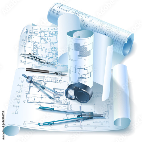 Architectural background with rolls of drawings