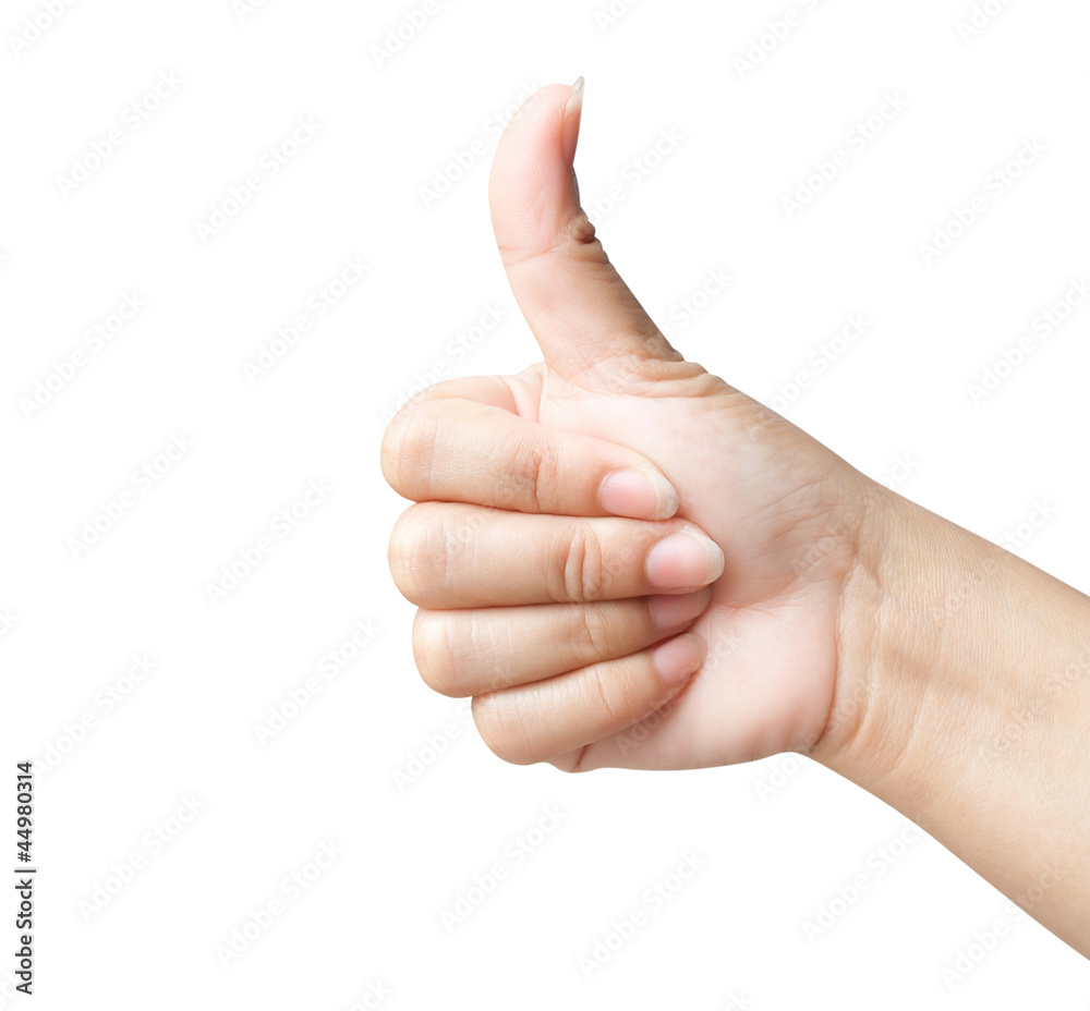 Hand of women giving like on background white Hand of women giving like on background white