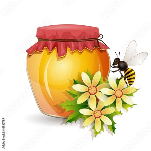 Honey jar with bee and flowers isolated on white