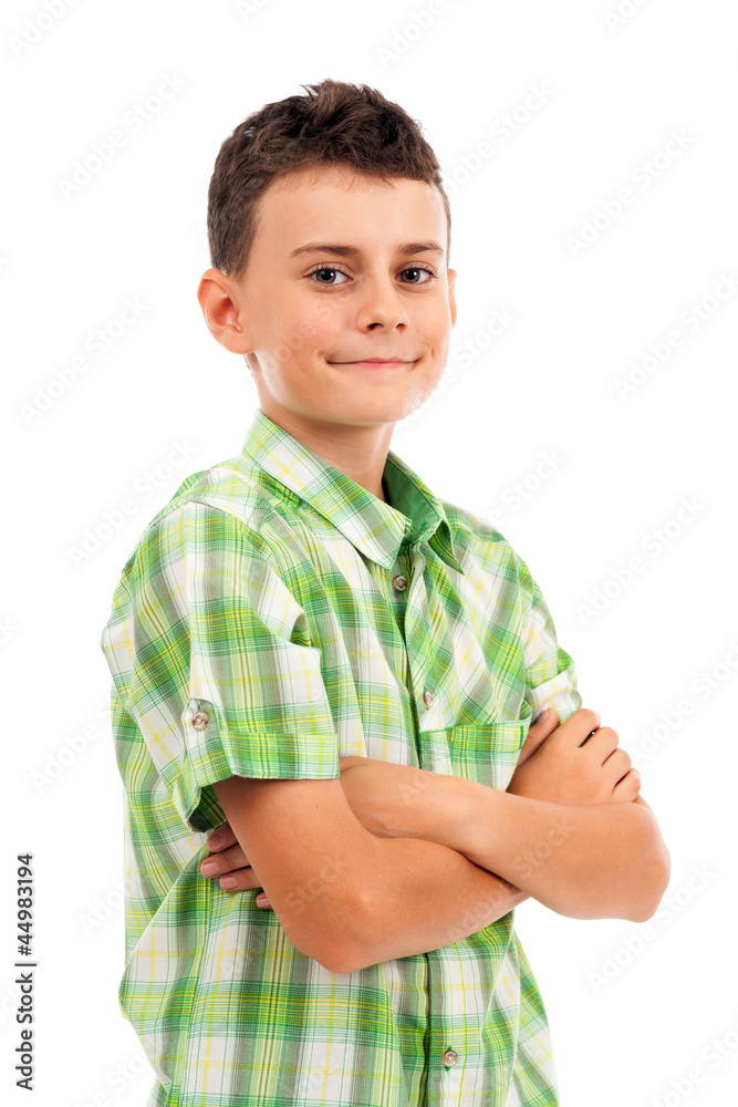 Portrait of a happy schoolboy, isolated on white