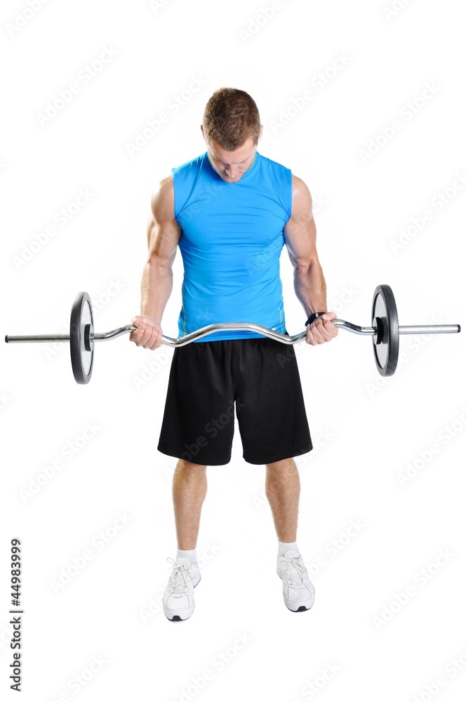 Muscular athlete man exercising on a white background