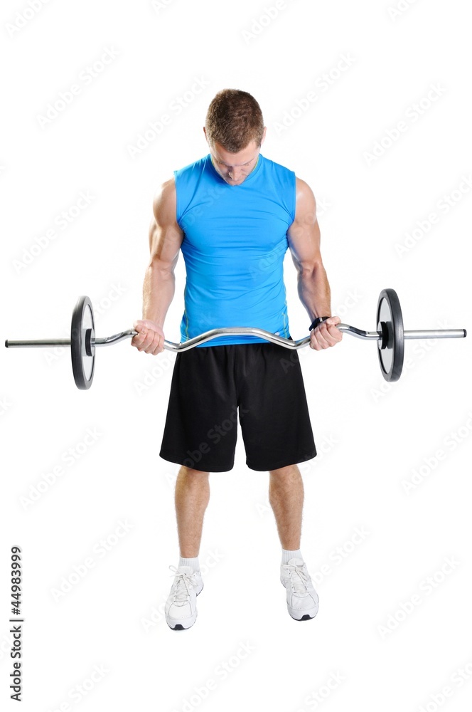 Muscular athlete man exercising on a white background Muscular athlete man exercising on a white background