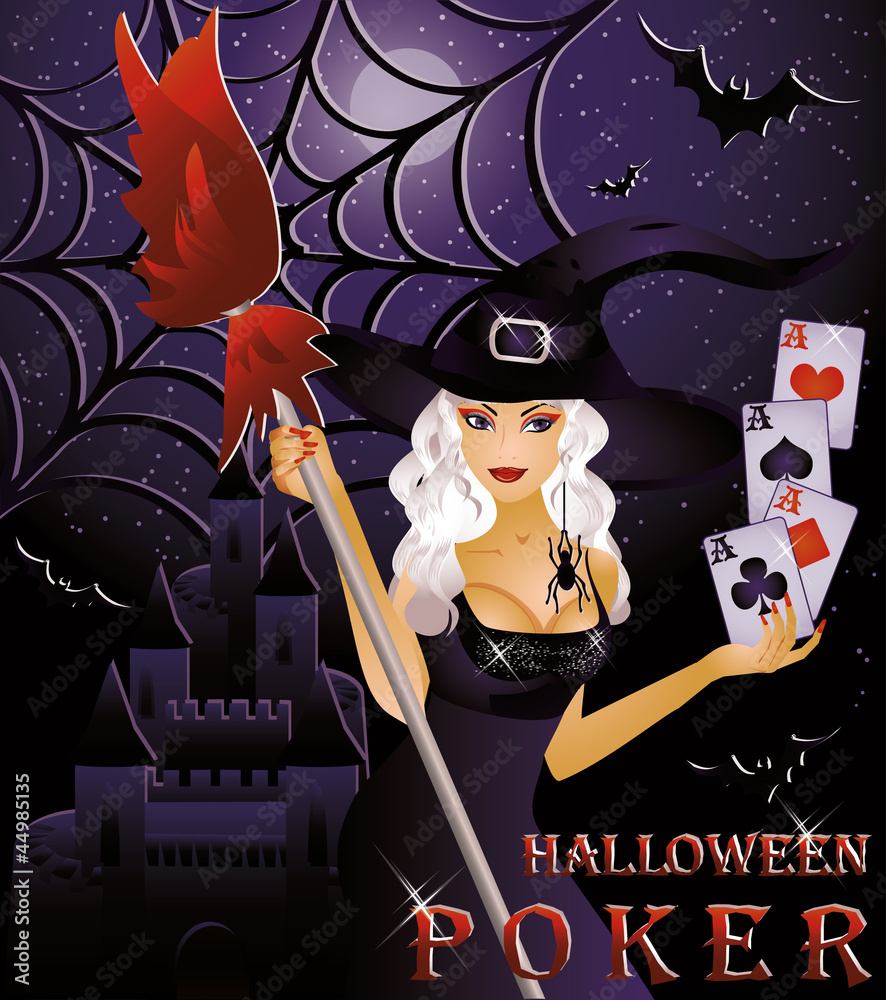 Halloween poker card with sexy witch, vector illustration Stock Vector |  Adobe Stock