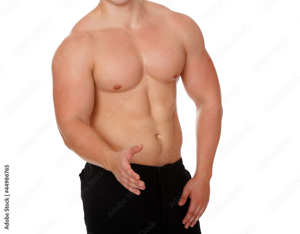 muscular man with an open hand for a greeting