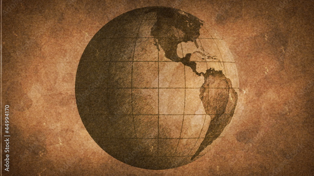 globe sketched on old paper grunge loop background
