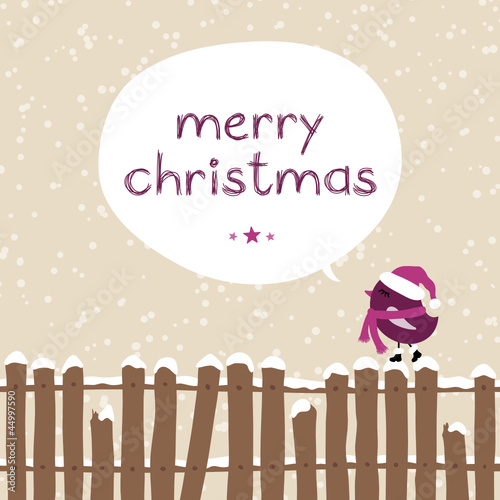 Purple Bird On Fence "Merry Christmas" Speech Bubble Beige
