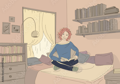Girl reads a book in her bedroom