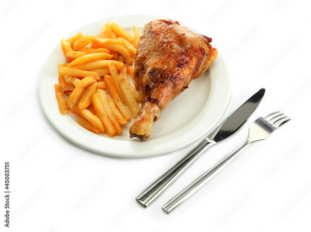 Roast chicken with french fries on plate, isolated on white Roast chicken with french fries on plate, isolated on white