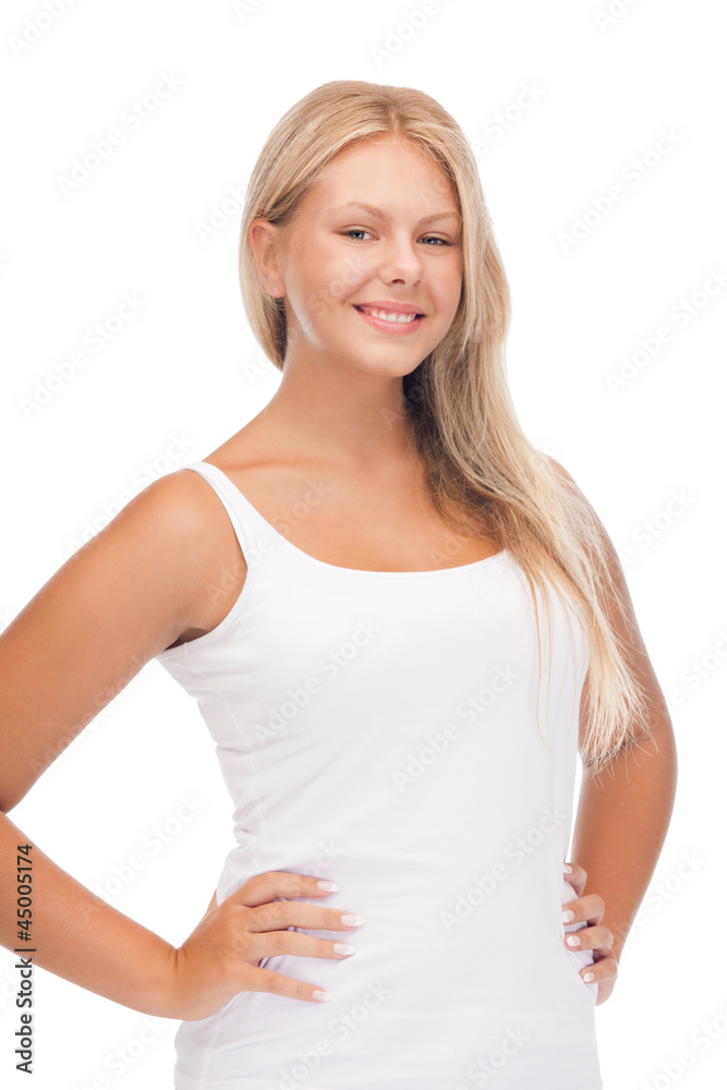 smiling teenage girl in blank white t-shirt smiling teenage girl in blank white t-shirt