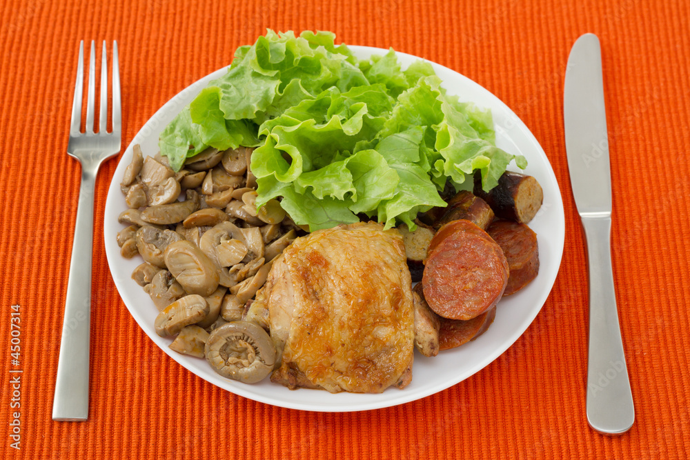 fried chicken with mushrooms and sausages fried chicken with mushrooms and sausages