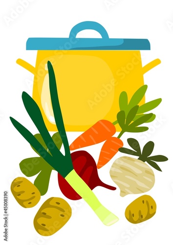 Pot and things for tasty soup - vector illustration.