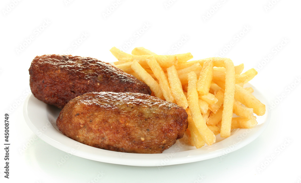 Potatoes fries with burgers in the plate isolated