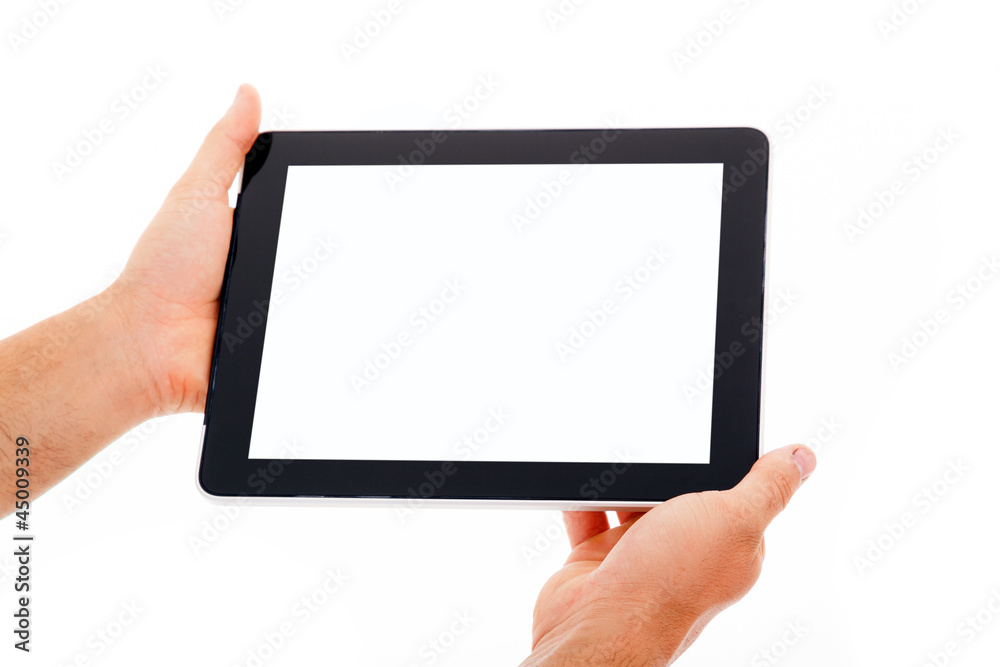 Hands holding tablet computer. Isolated on white background. Hands holding tablet computer. Isolated on white background.