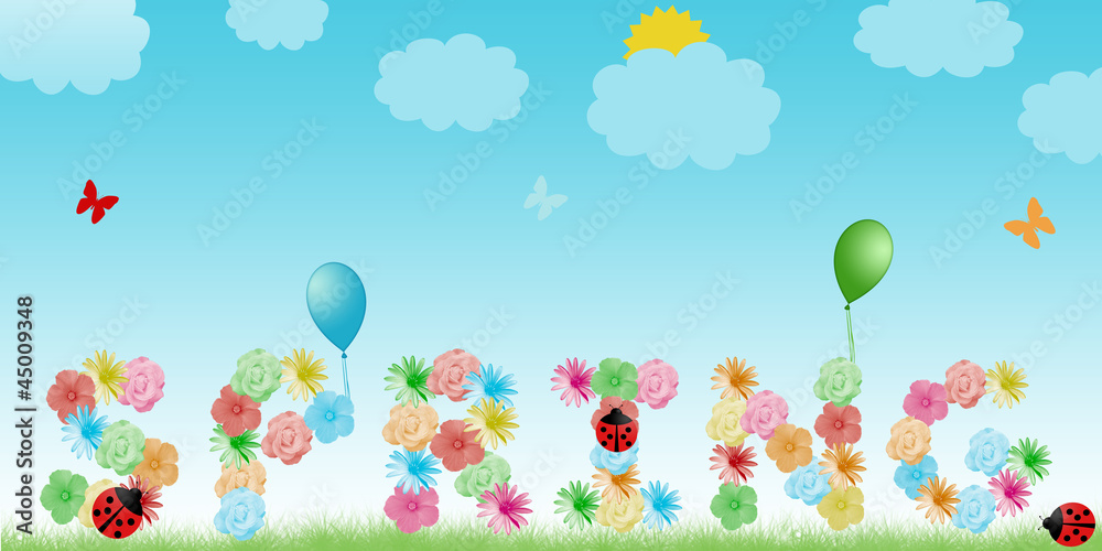 Obraz premium Tarjeta de primavera formando la palabra spring con flores