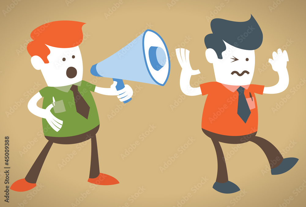 Retro Corporate Guy holding a megaphone is deafening. Retro Corporate Guy holding a megaphone is deafening.