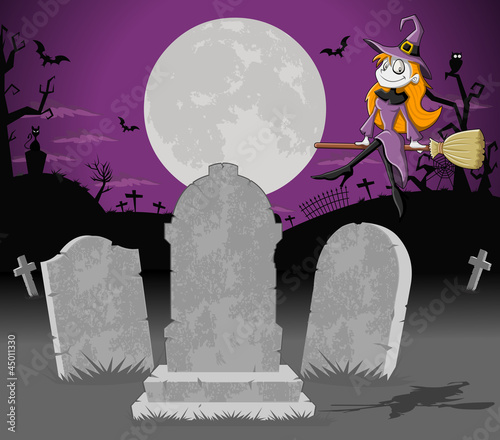 Halloween cemetery background with tombs and funny cartoon witch