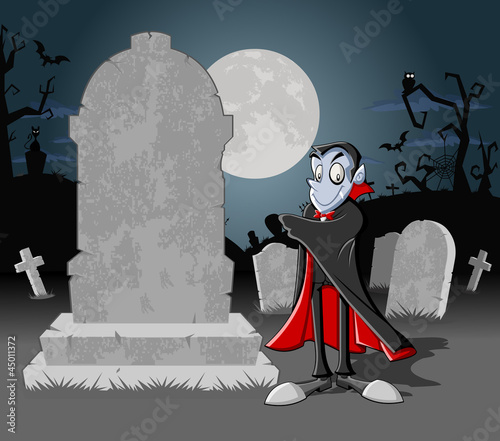 Halloween cemetery with tombs and cartoon vampire character