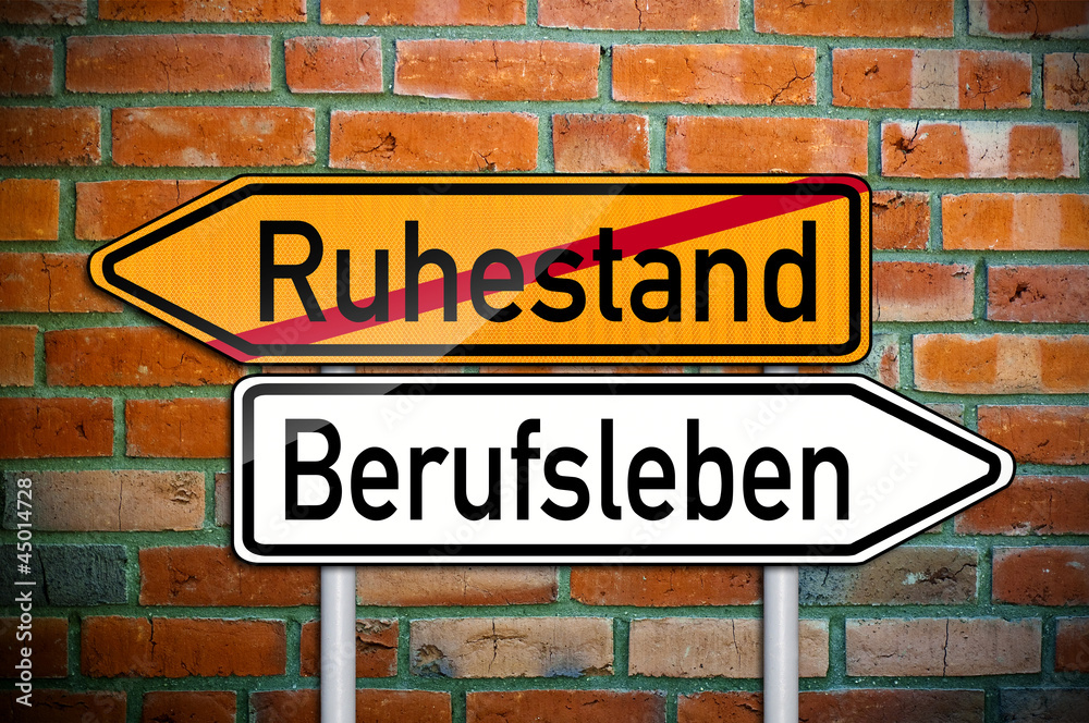 Wegweiser auf Ziegelsteinwand mit Ruhestand und Berufsleben Wegweiser auf Ziegelsteinwand mit Ruhestand und Berufsleben