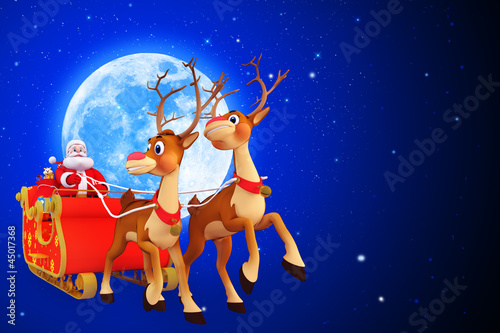 illustration of santa claus with two reindeers and sleigh